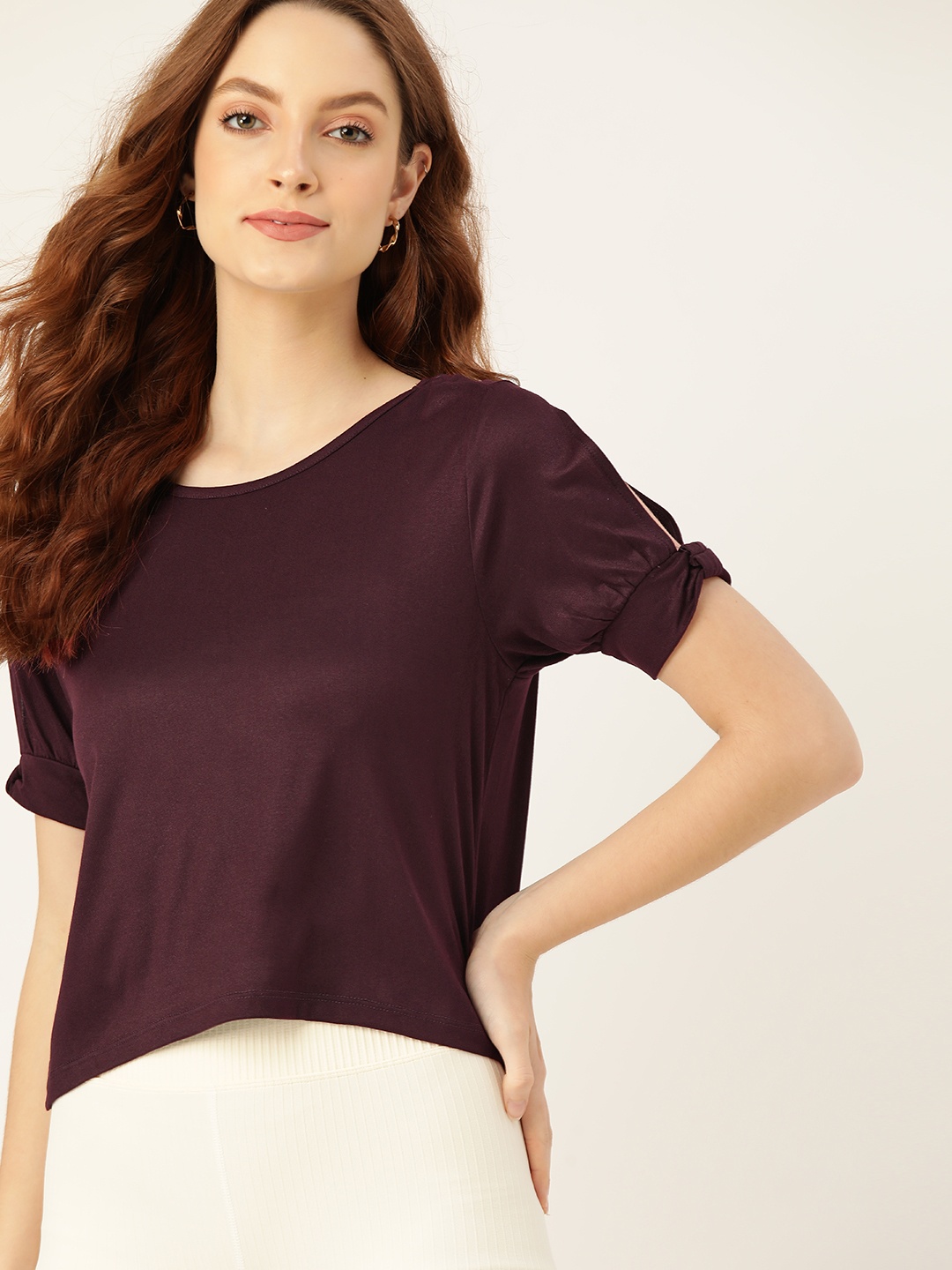 

DressBerry Burgundy Solid Slit Sleeves Regular Top
