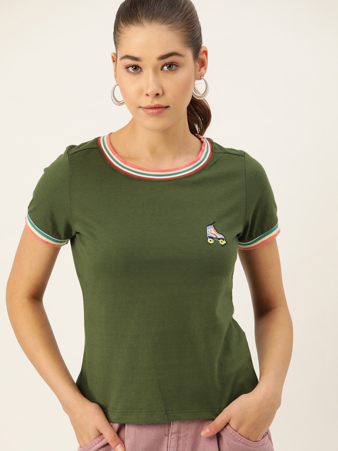 

DressBerry Women Olive Green Pure Cotton T-shirt With Applique Detail