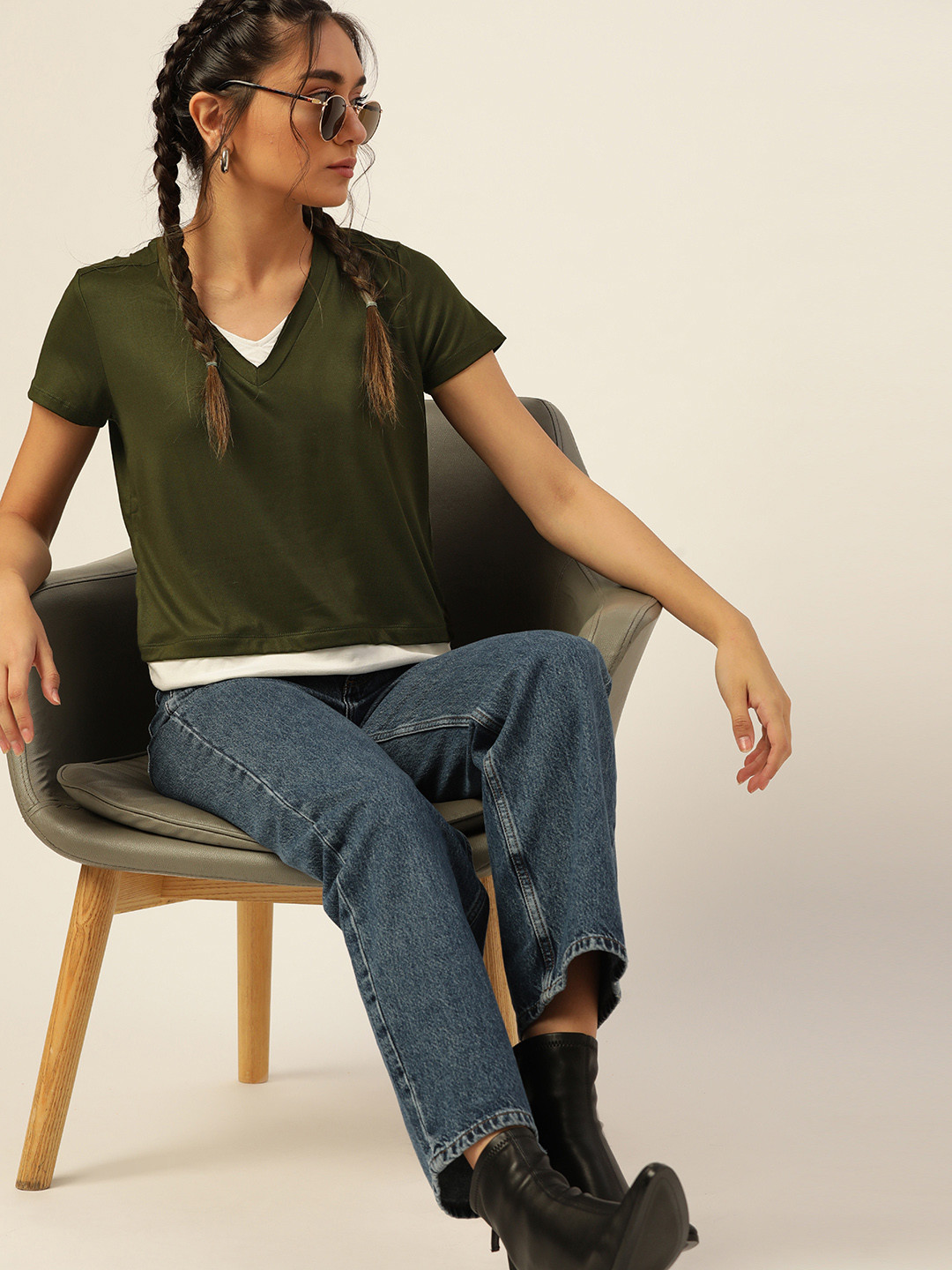 

DressBerry Women Olive Green & White V-Neck Raw Edge T-shirt
