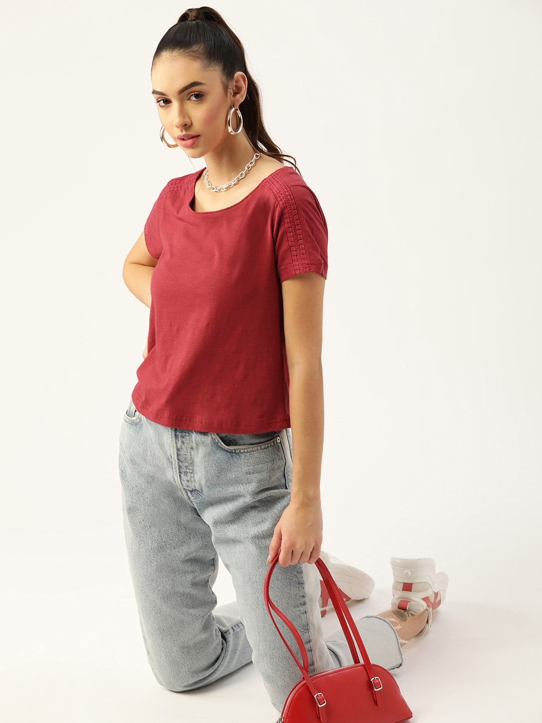 

DressBerry Women Red Solid Pure Cotton T-shirt
