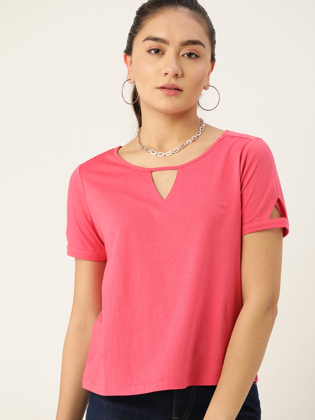 

DressBerry Women Pink Pure Cotton Solid Cut-Out T-shirt