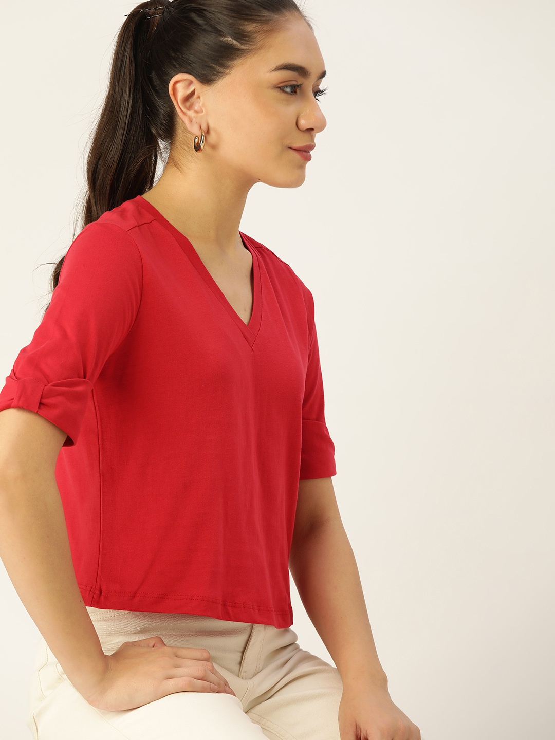 

DressBerry Women Red Solid V-Neck Roll-Up Sleeves T-shirt