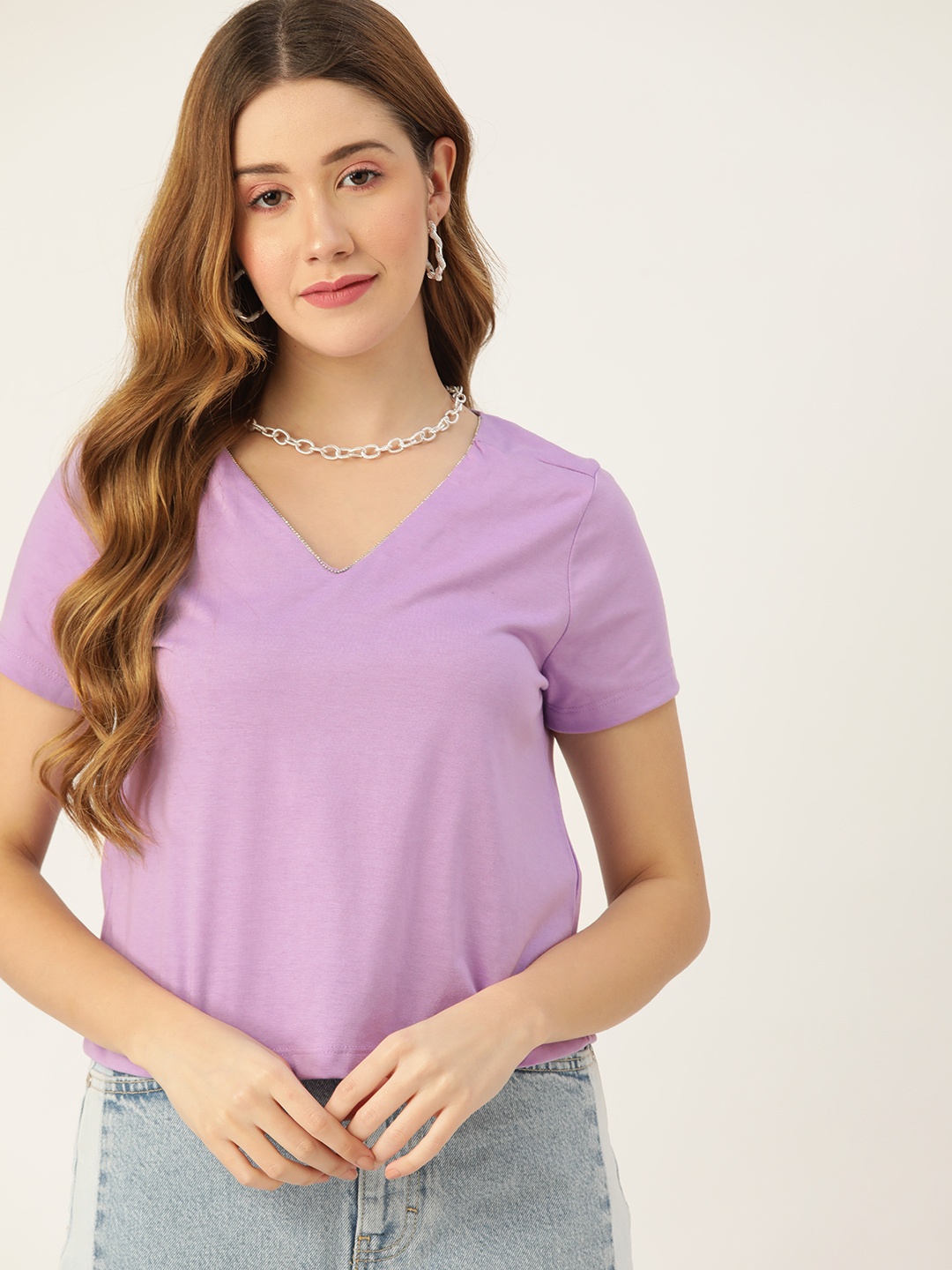 

DressBerry Women Lavender V-Neck T-shirt