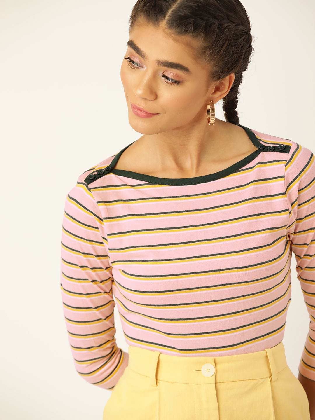 

DressBerry Women Pink & Mustard Yellow Striped T-shirt