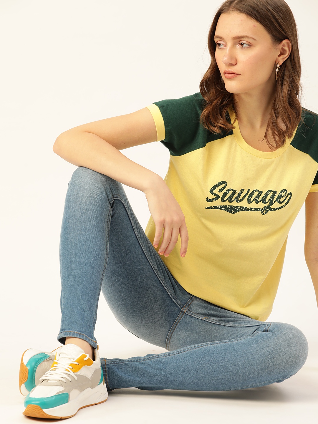 

DressBerry Women Yellow & Green Pure Cotton Typography Printed T-shirt