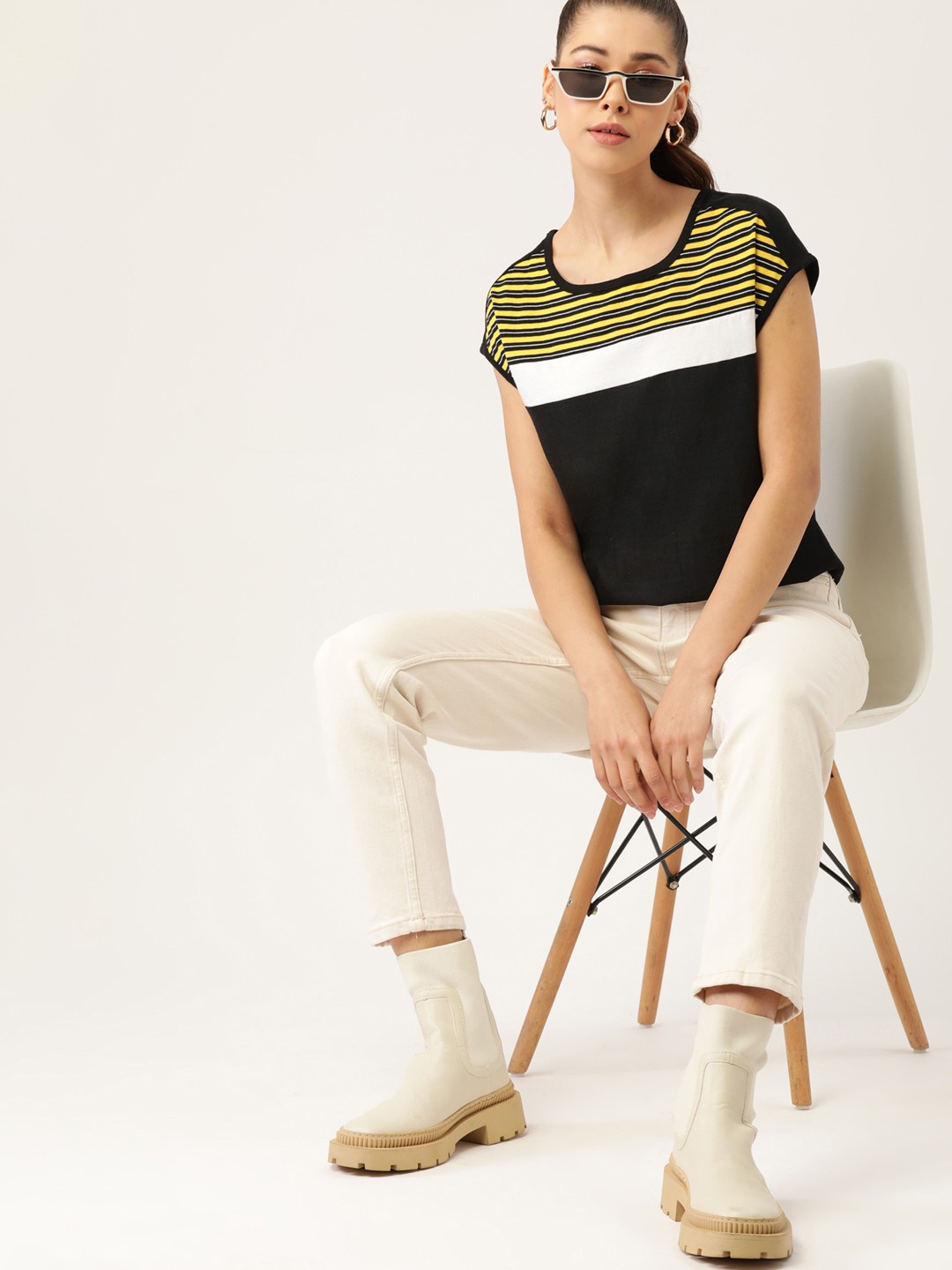 

DressBerry Women Black & Yellow Striped Sustainable & Recycled T-shirt