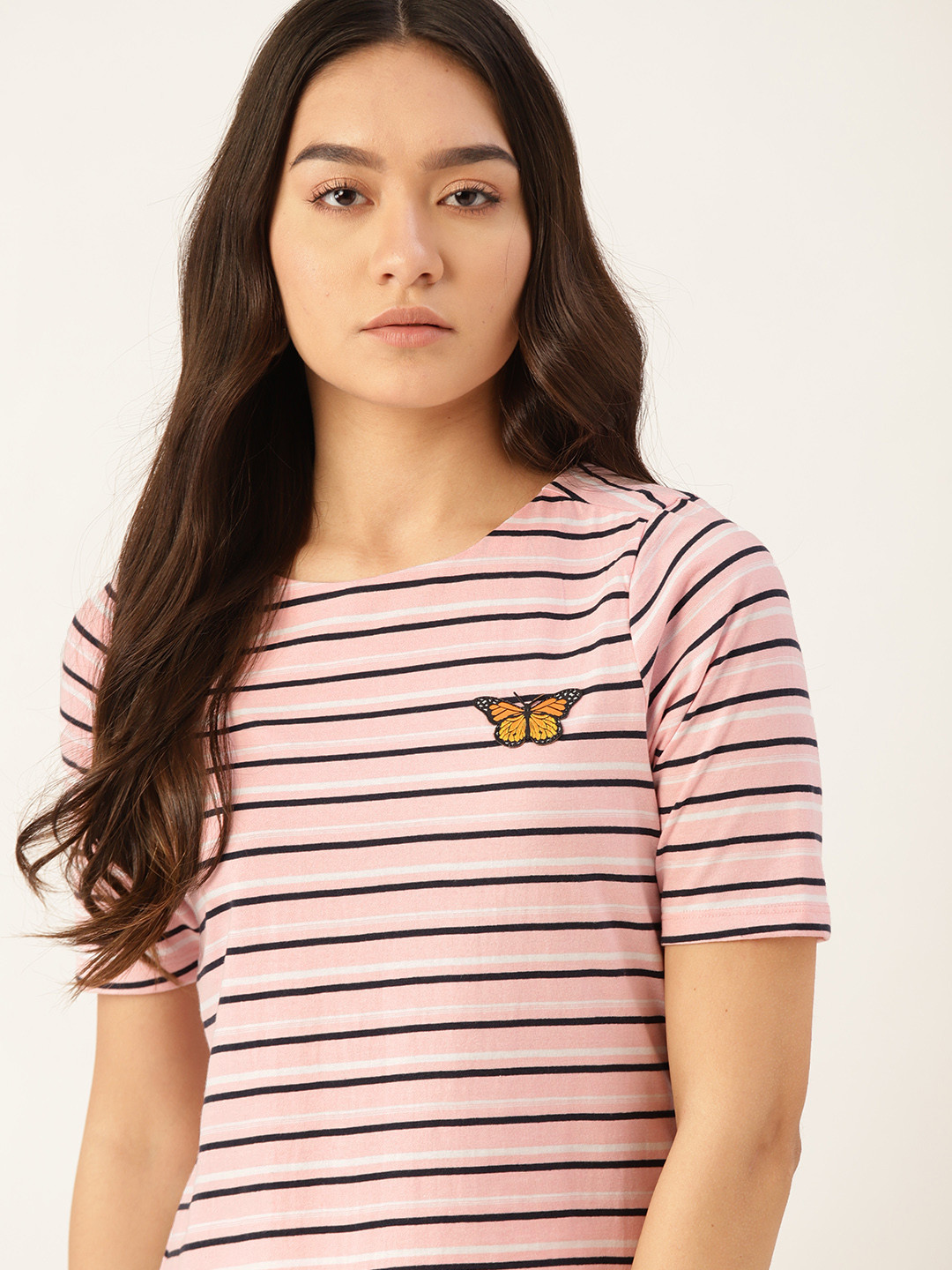 

DressBerry Women Pink & Black Striped Applique Sustainable & Recycled T-shirt