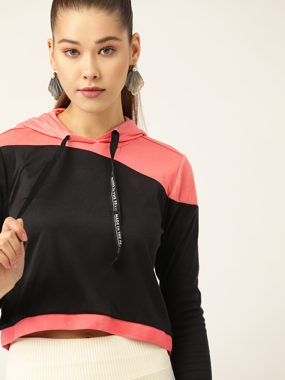 

DressBerry Women Black & Peach-Coloured Colourblocked Hooded T-shirt