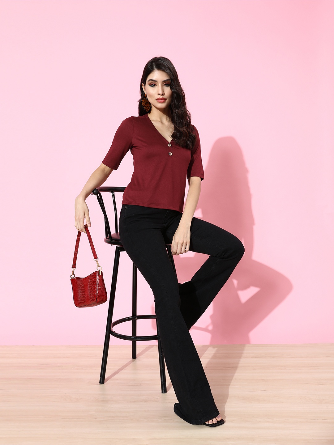 

DressBerry Women Maroon V-Neck T-shirt