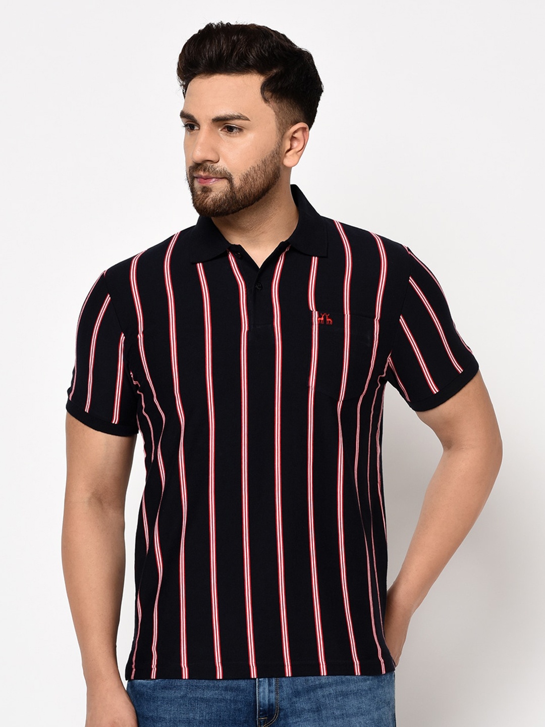 

98 Degree North Men Black Striped Polo Collar T-shirt