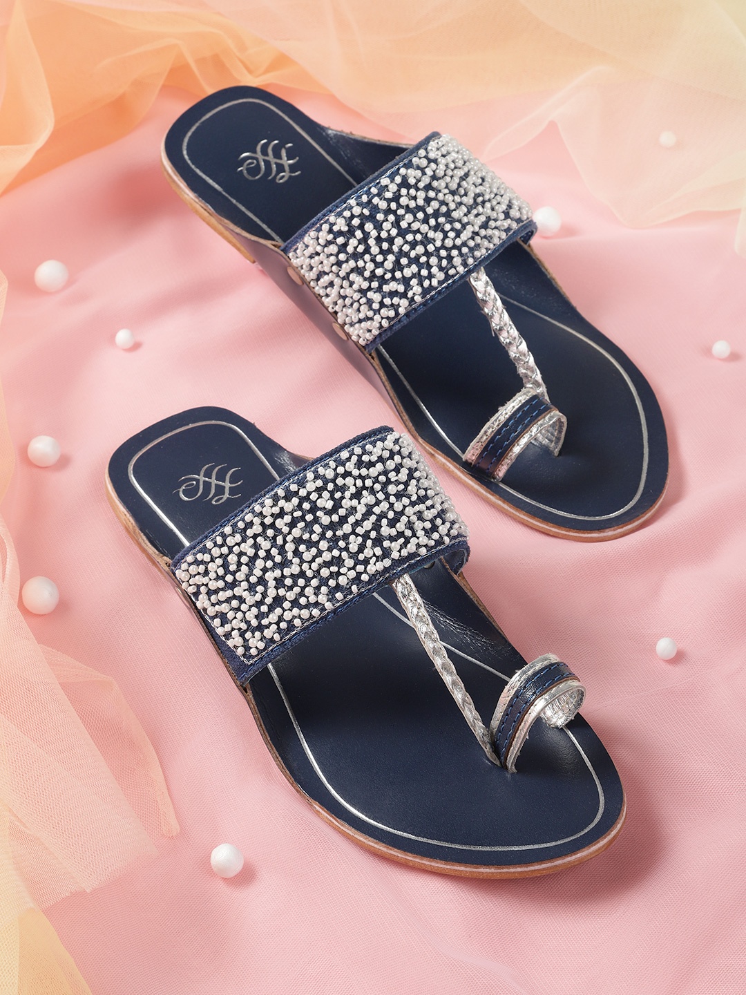 

House of Pataudi Women Navy Blue & White Beaded One Toe Flats