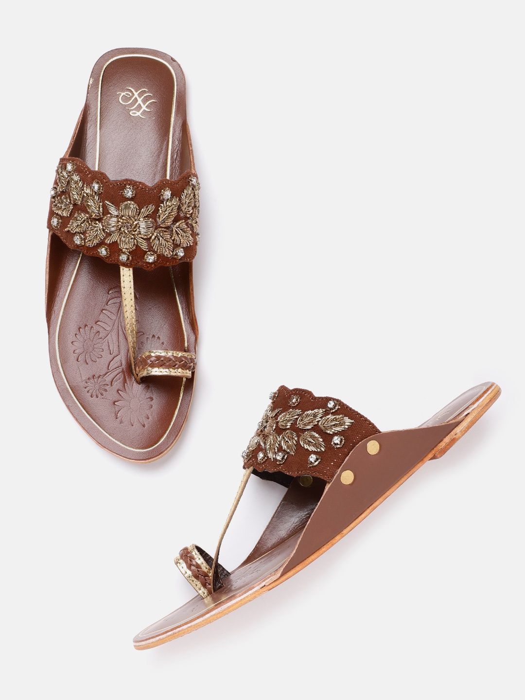 

House of Pataudi Women Brown & Gold-Toned Embellished Handcrafted One Toe Flats