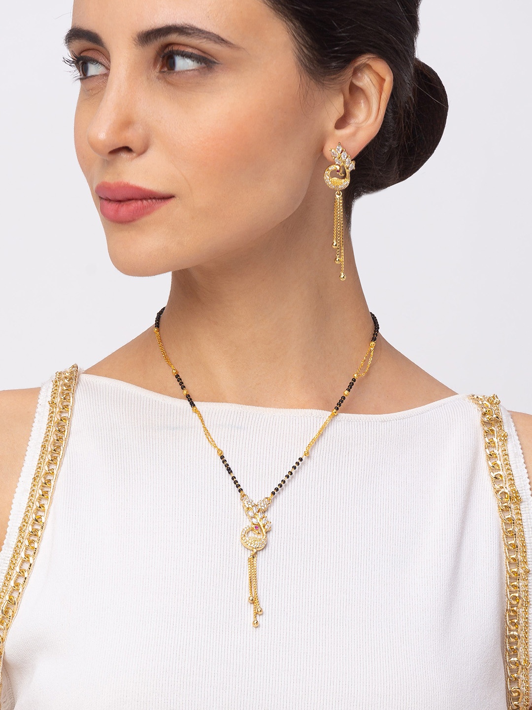 

Digital Dress Room Micro Gold-Plated White & Black Stone-Studded & Beaded Mangalsutra With Earrings