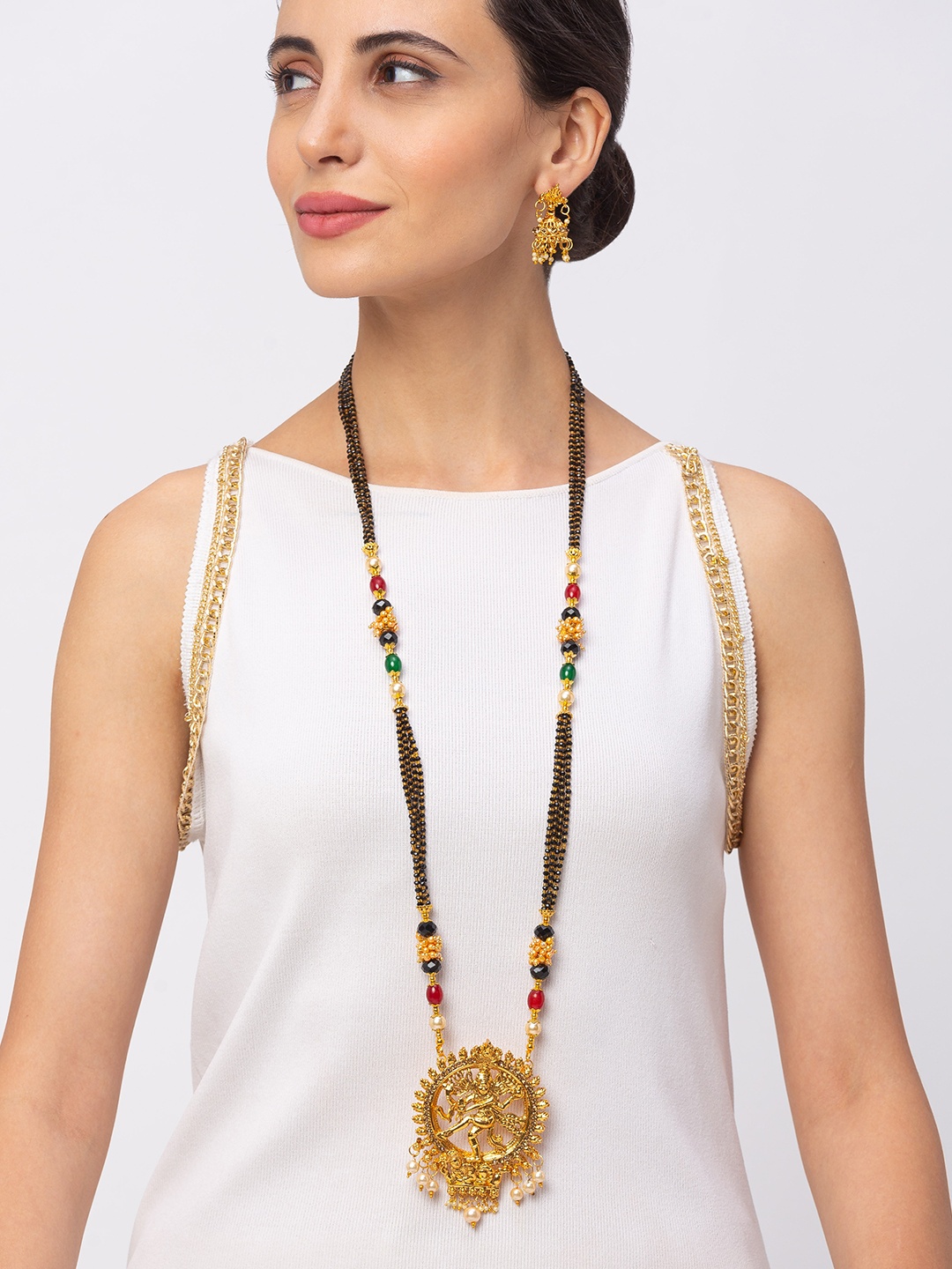 

Digital Dress Room Gold-Plated Black & Red Beaded Long Mangalsutra With Earring Set