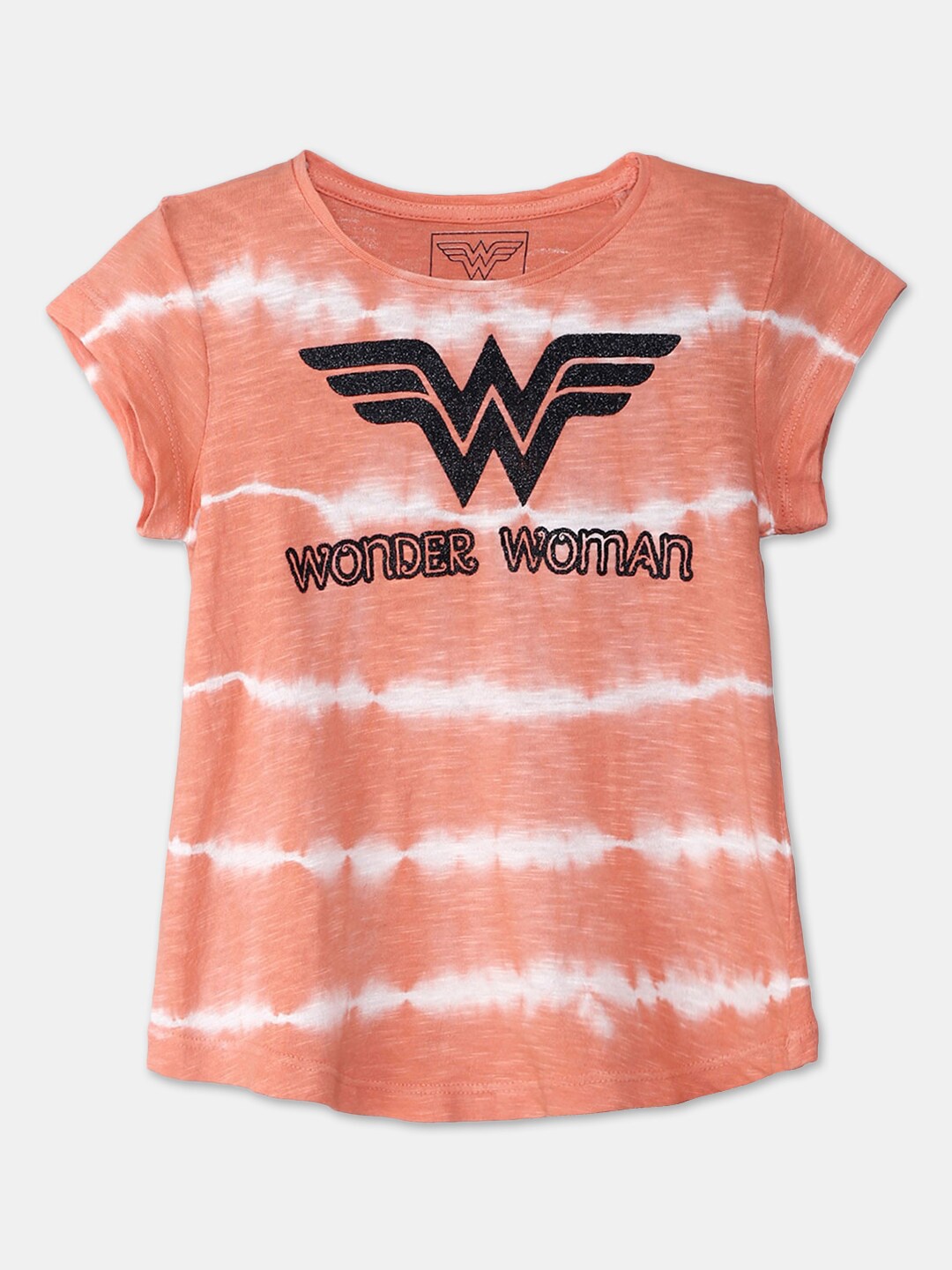 

Kids Ville Girls Peach-Coloured & White Striped Wonder Woman Pure Cotton T-shirt