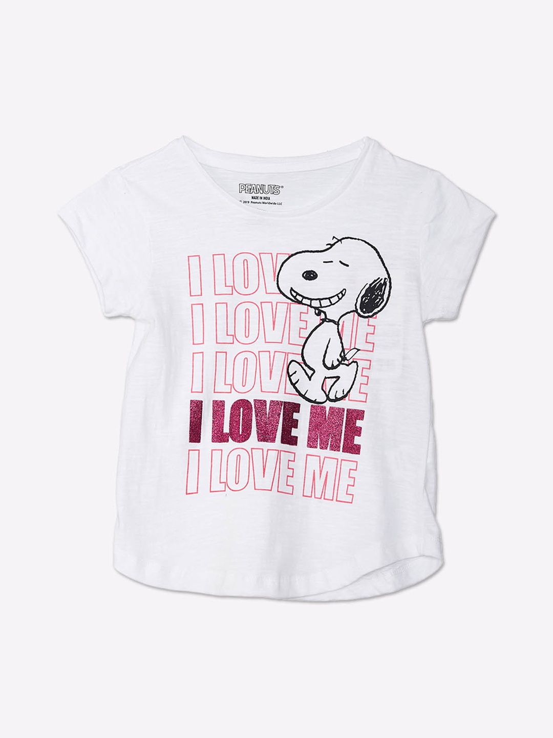 

Kids Ville Girls White & Pink Snoopy Printed Pure Cotton T-shirt