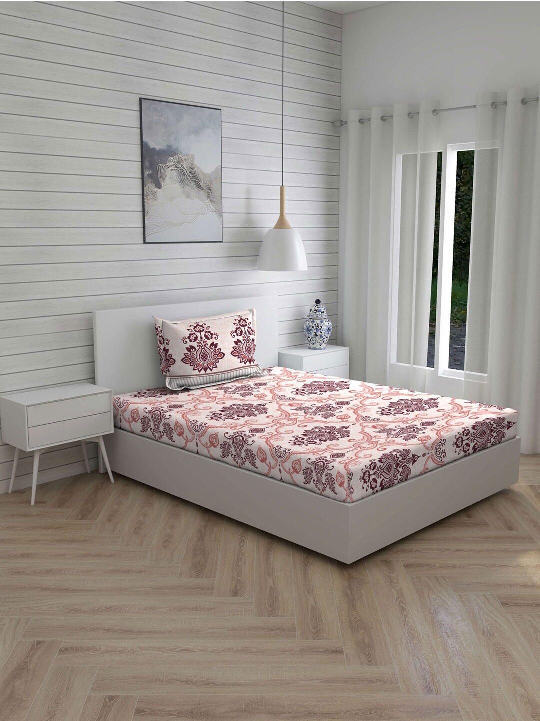 

Layers Multicoloured Ethnic Motifs 104 TC Cotton 1 Single Bedsheet with 1 Pillow Covers, Multi