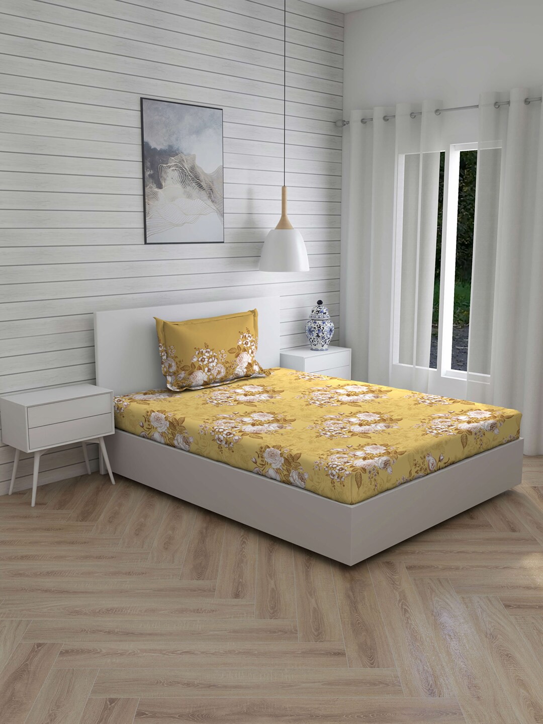 

Layers Mustard & White Floral 104 TC Cotton 1 Single Bedsheet with 1 Pillow Covers