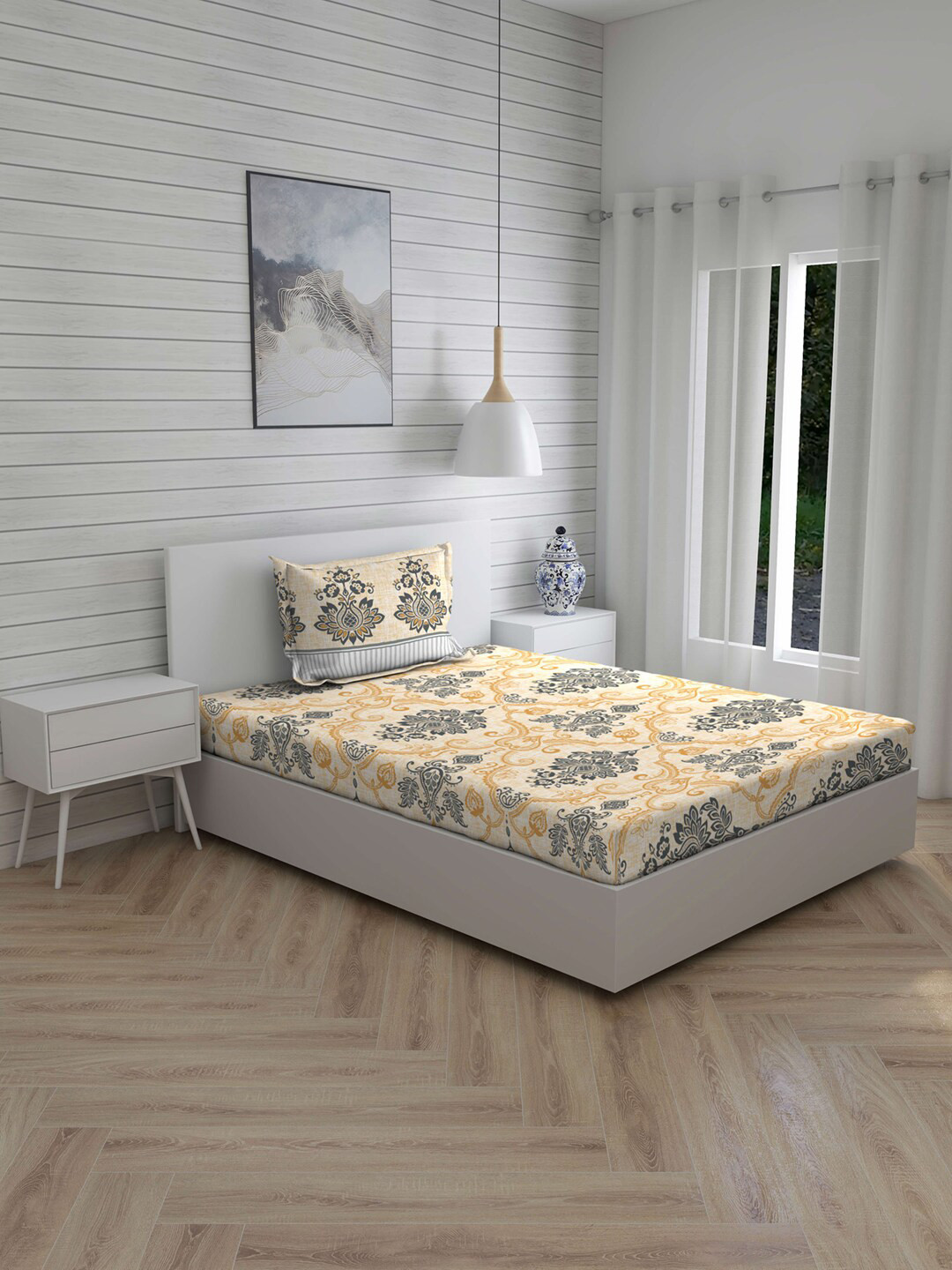 

Layers Cream-Coloured & Grey Ethnic Motifs 104 TC Cotton 1 Single Bedsheet with 1 Pillow Covers