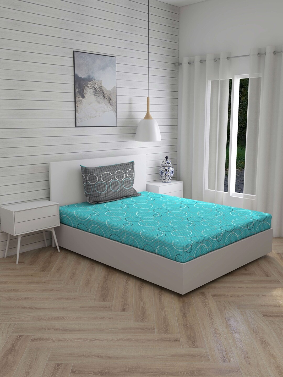 

Layers Turquoise Blue & White Geometric 104 TC Cotton 1 Single Bedsheet with 1 Pillow Covers