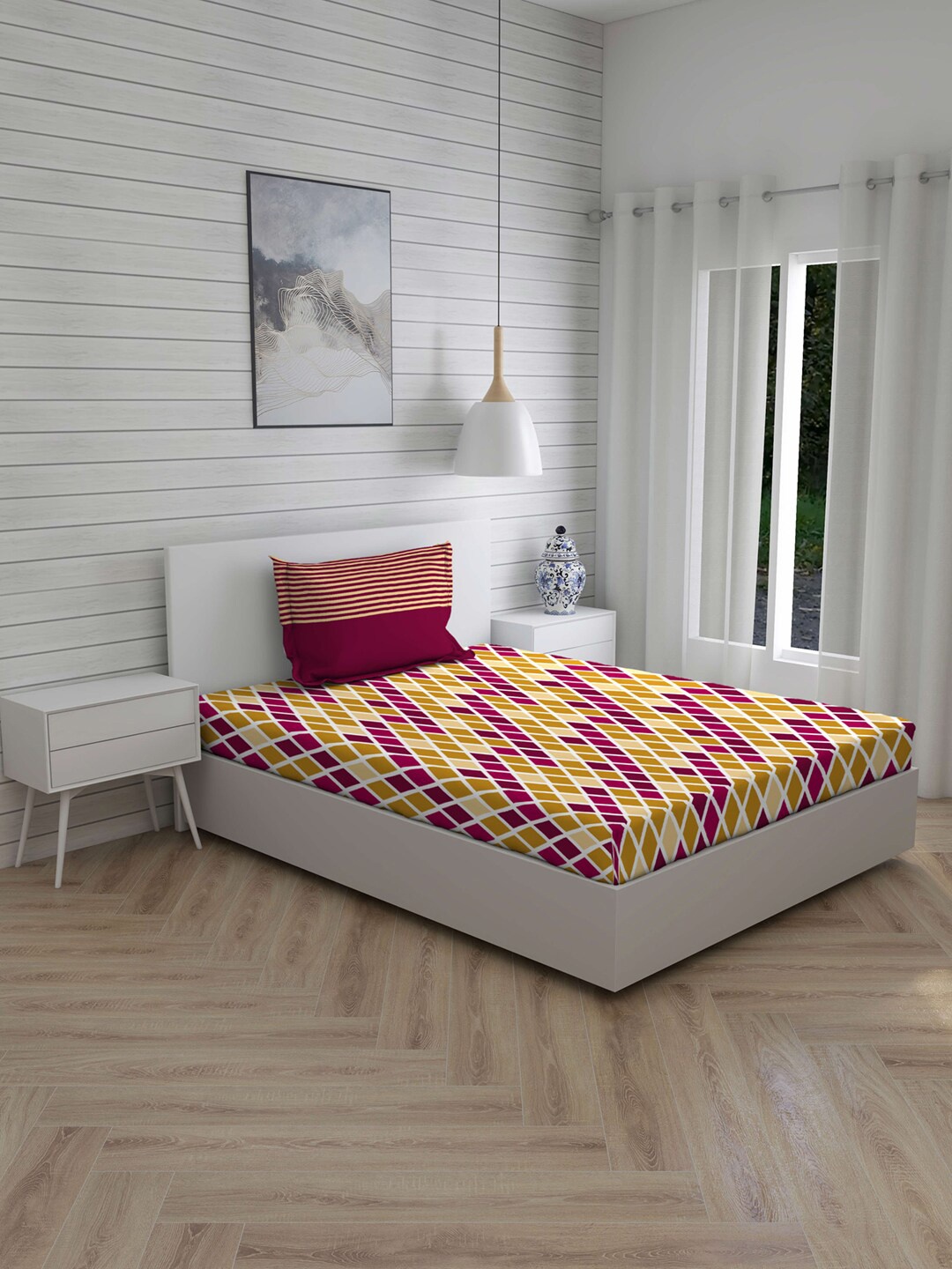 

Layers Multicoloured Geometric 104 TC Cotton 1 Single Bedsheet with 1 Pillow Covers, Multi