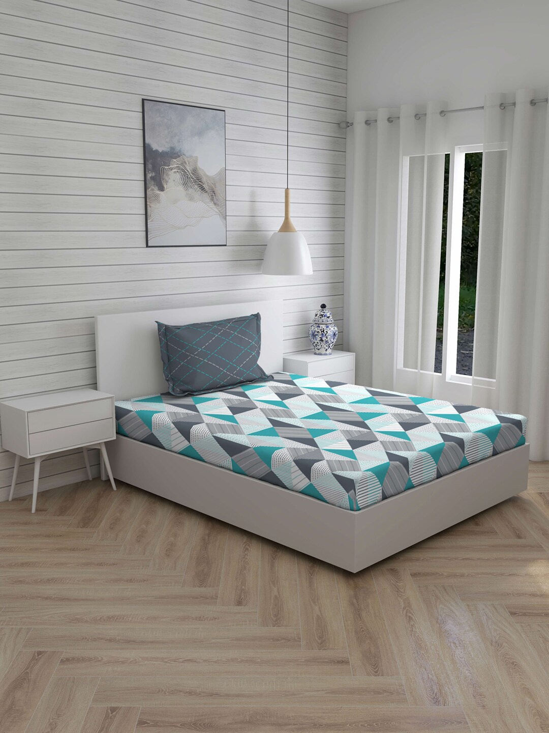 

Layers White & Grey Geometric 104 TC Cotton 1 Single Bedsheet with 1 Pillow Covers
