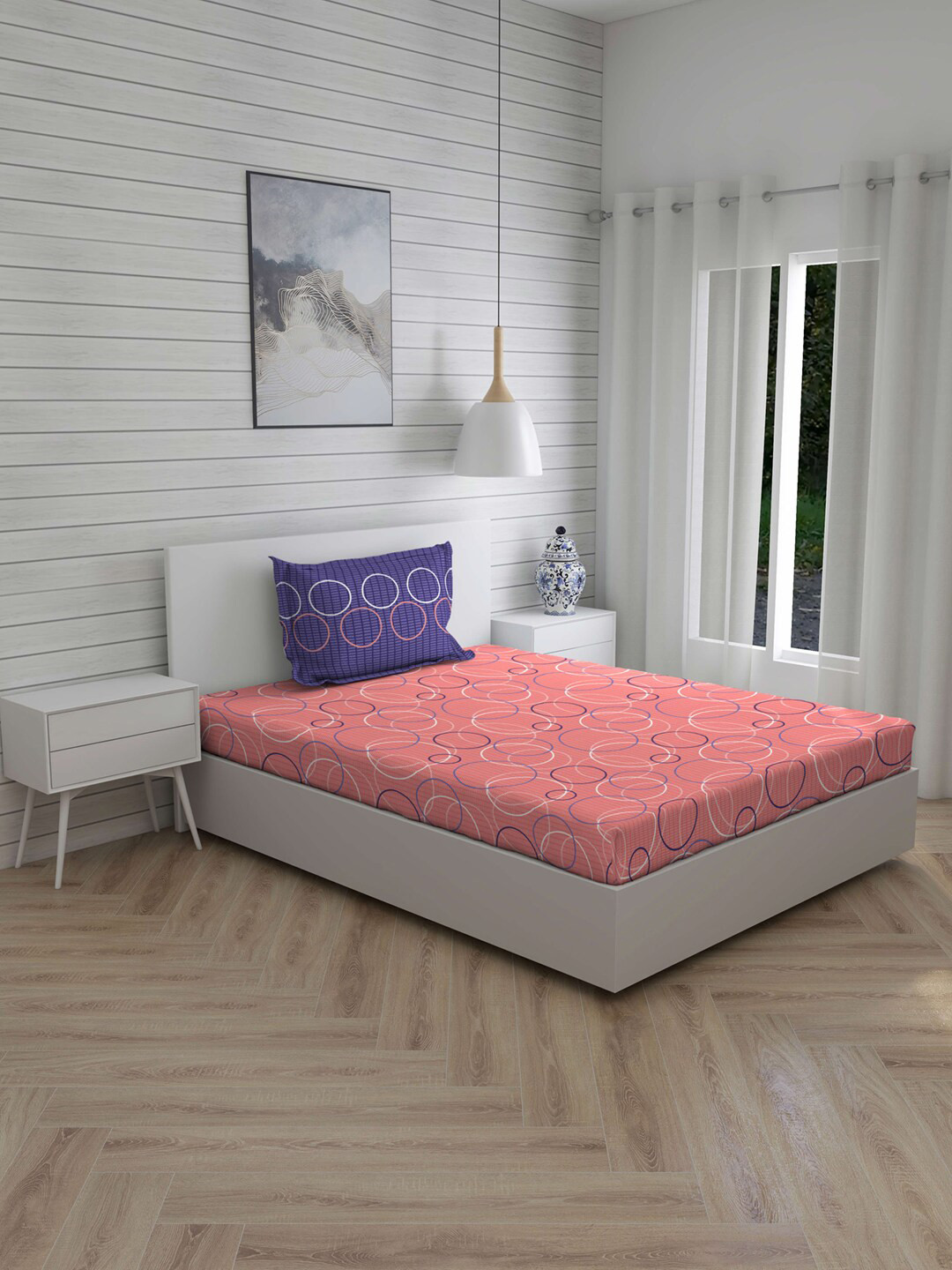 

Layers Pink & Blue Geometric 104 TC Cotton 1 Single Bedsheet with 1 Pillow Covers