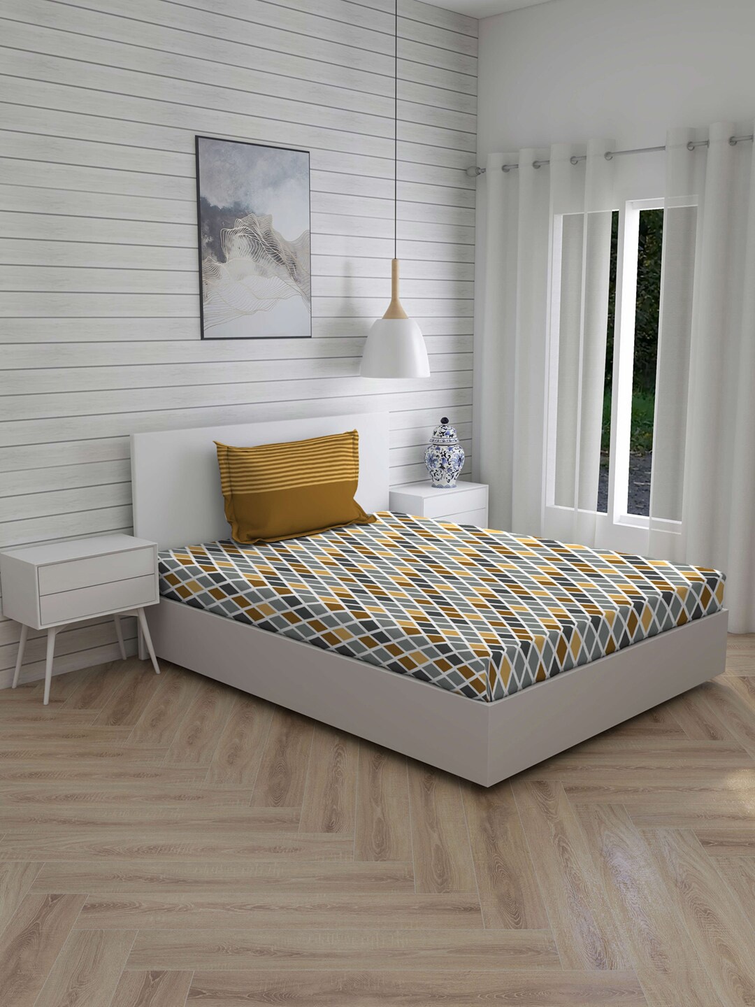 

Layers Grey & Yellow Geometric 104 TC Cotton 1 Single Bedsheet with 1 Pillow Covers