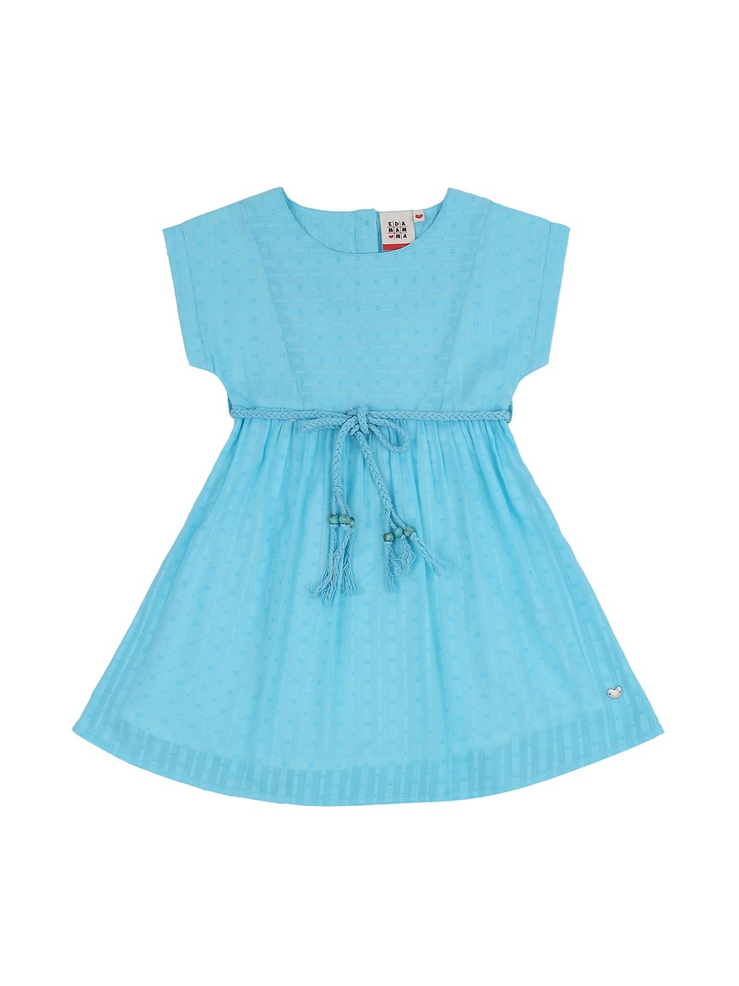 

Ed-a-Mamma Girls Blue Self Striped Pure Cotton Dobby Weave A-Line Sustainable Dress with Belt