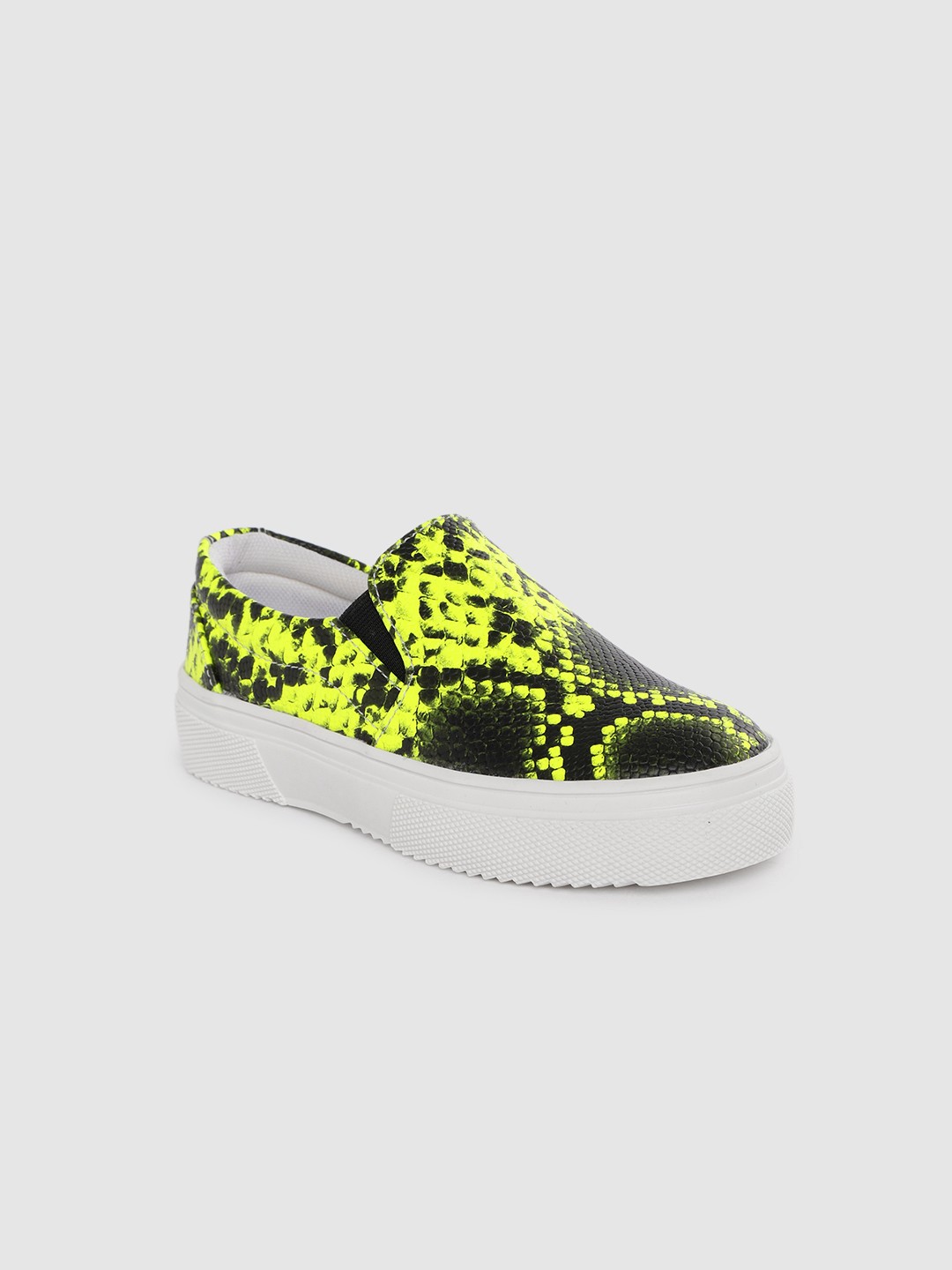 

YK Girls Black & Fluorescent Green Snakeskin Textured Slip-On Sneakers