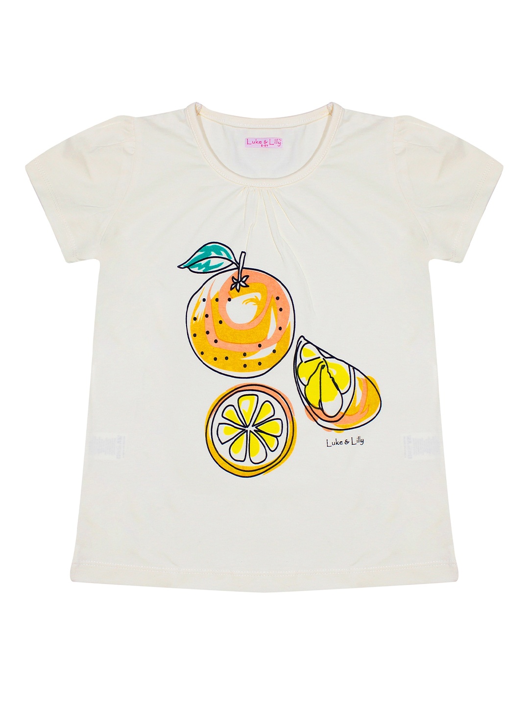 

Luke & Lilly Girls Off-White & Orange Printed Cotton Round Neck T-shirt