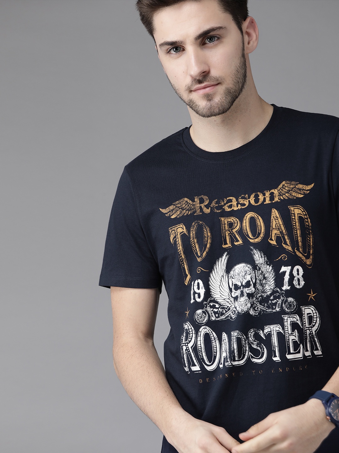 

Roadster Men Navy Blue & White Brand Logo Printed Pure Cotton T-shirt