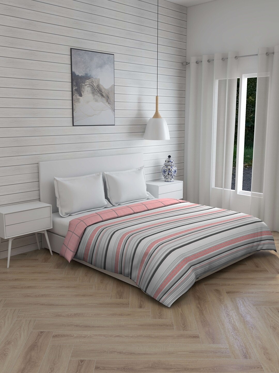 

Layers White & Grey Striped AC Room 120 GSM Double Bed Comforter