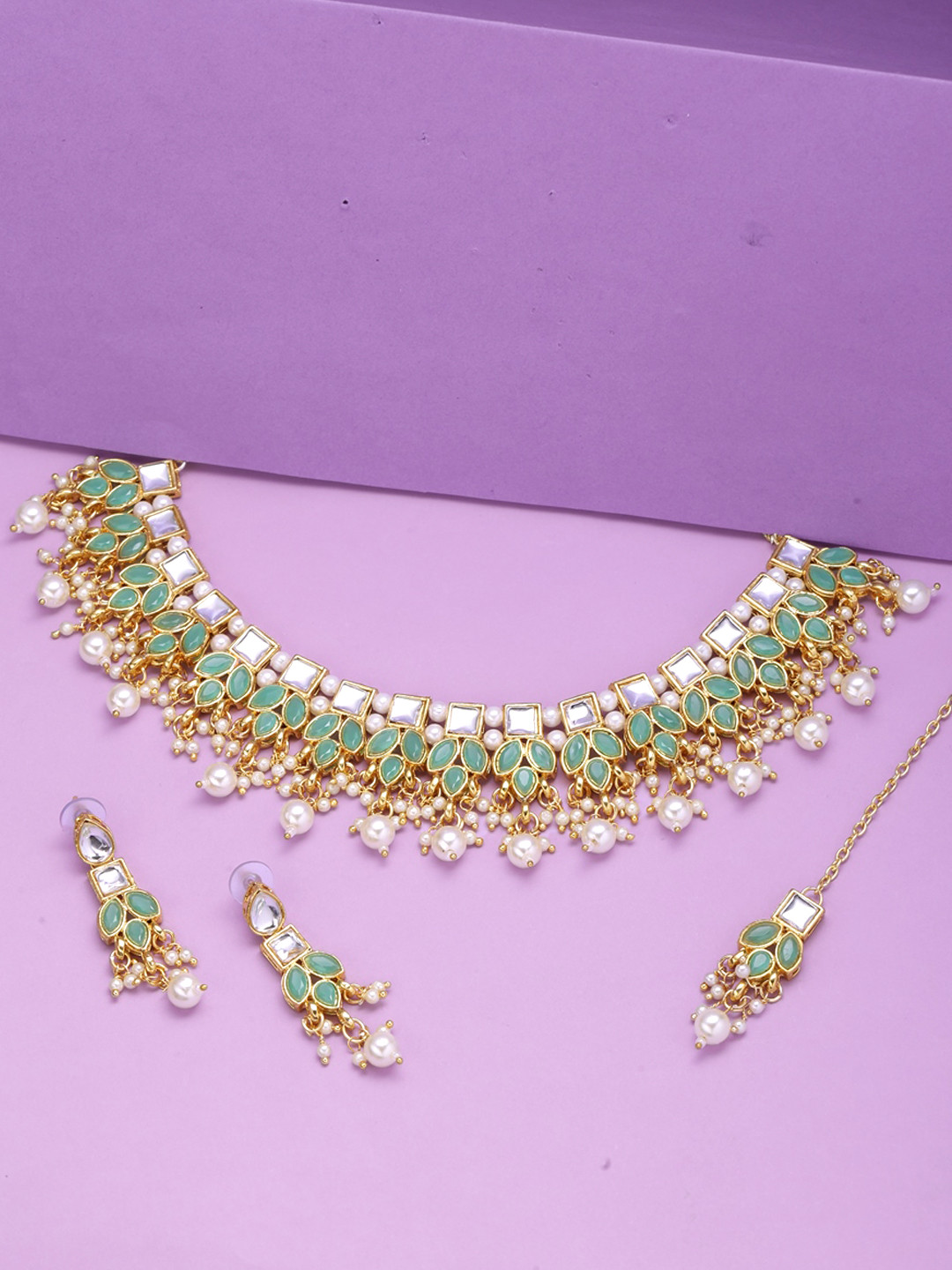 

Yellow Chimes Gold-Plated Green & White Kundan-Studded & Beaded Handcrafted Jewellery Set