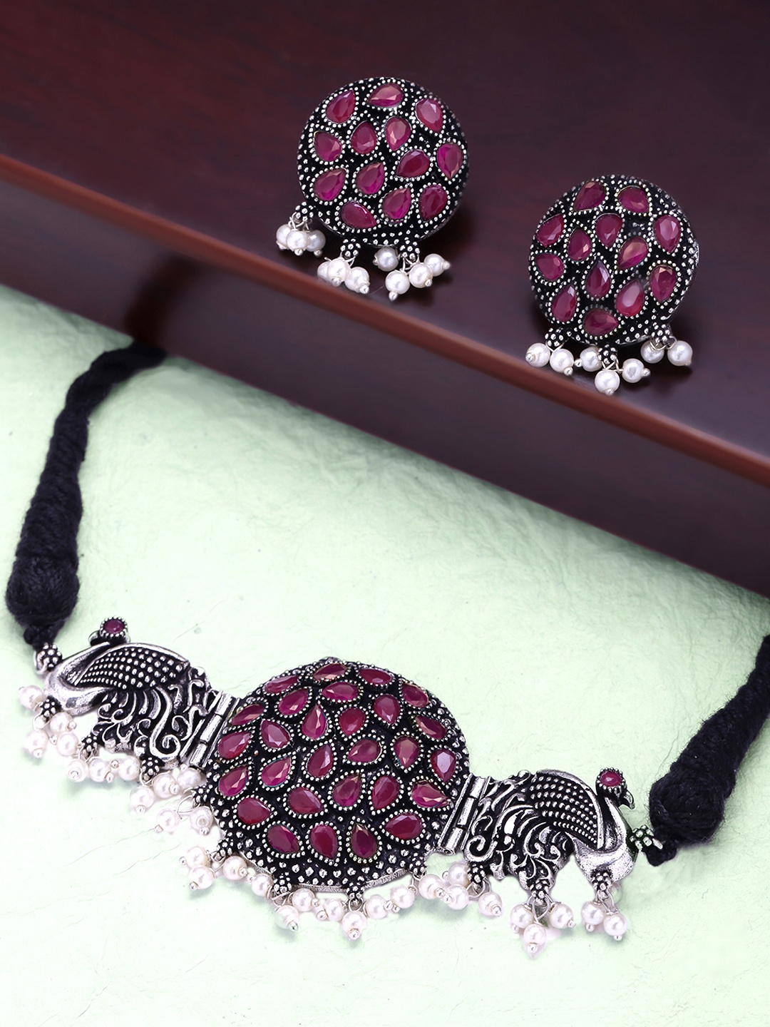 

Yellow Chimes Oxidized Silver-Plated Stone-Studded Beaded Handcrafted Jewellery Set