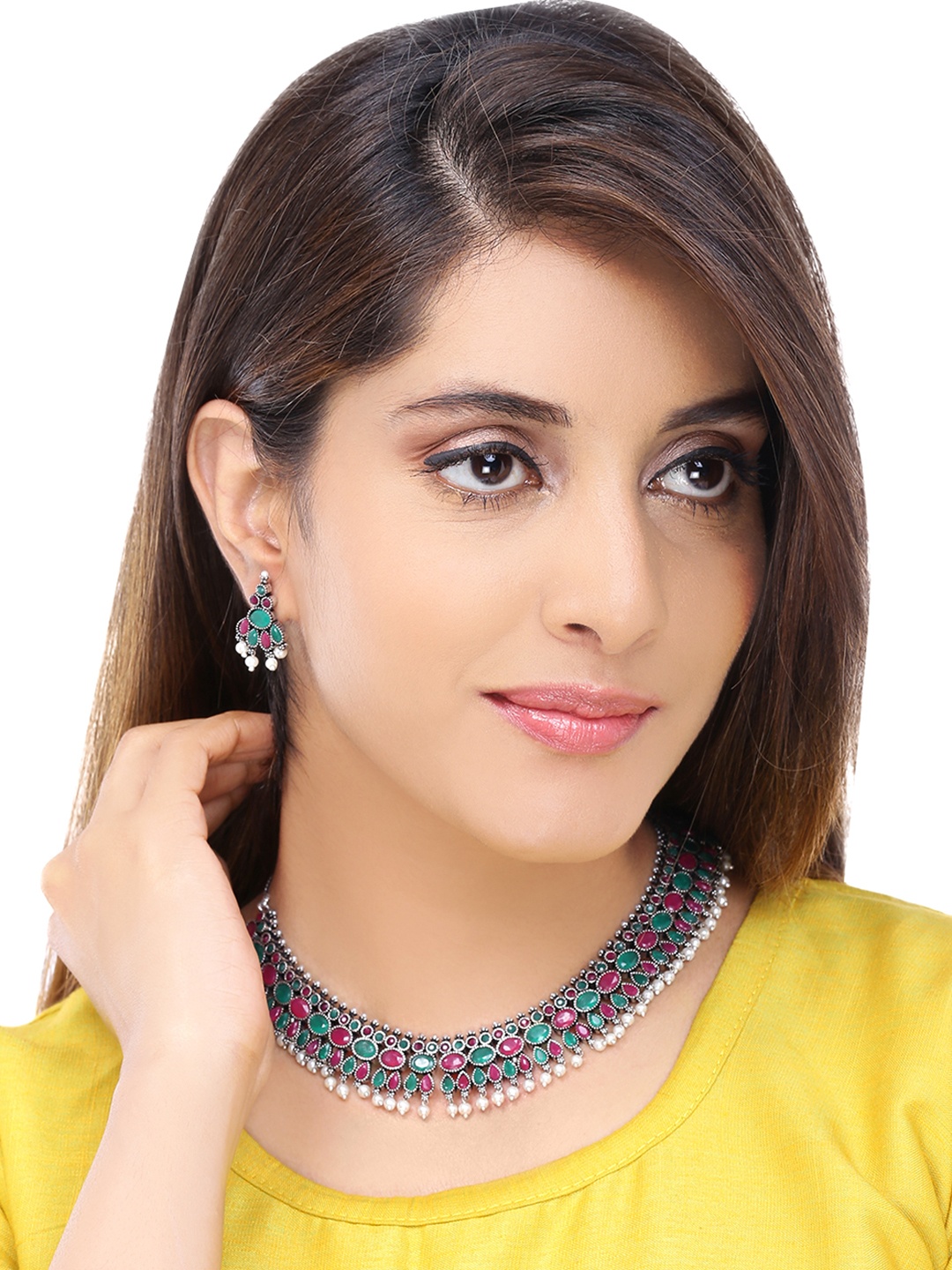 

Yellow Chimes Green Oxidised Silver-Plated Stone-Studded Beaded Choker Jewellery Set