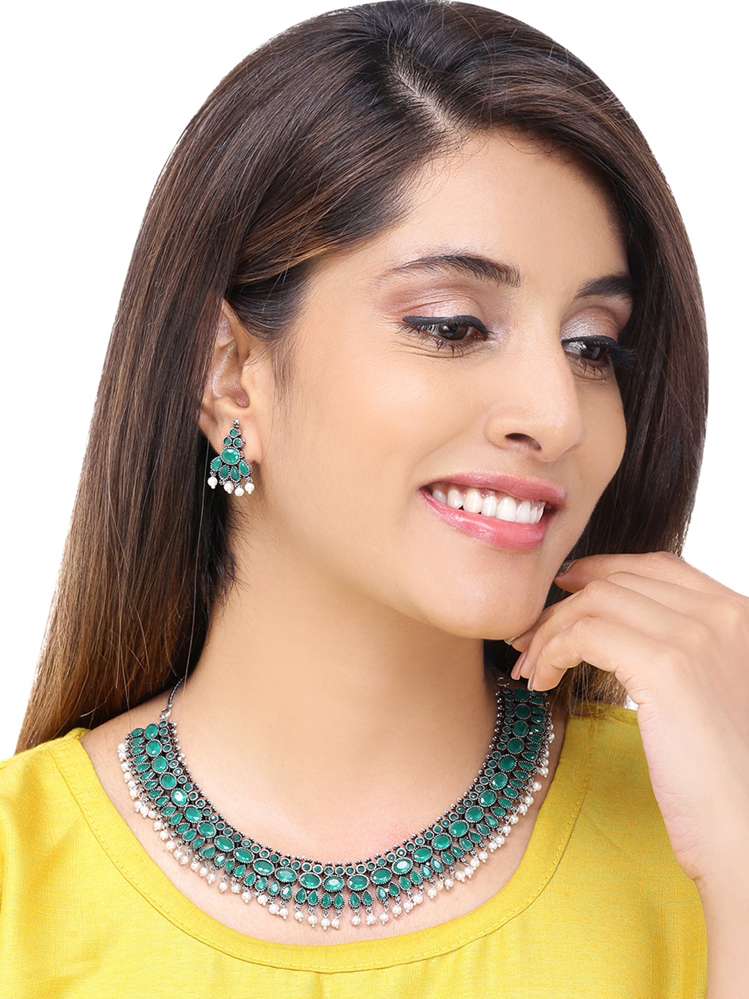

Yellow Chimes Green Silver-Plated Stone-Studded Beaded Oxidised Jewellery Set