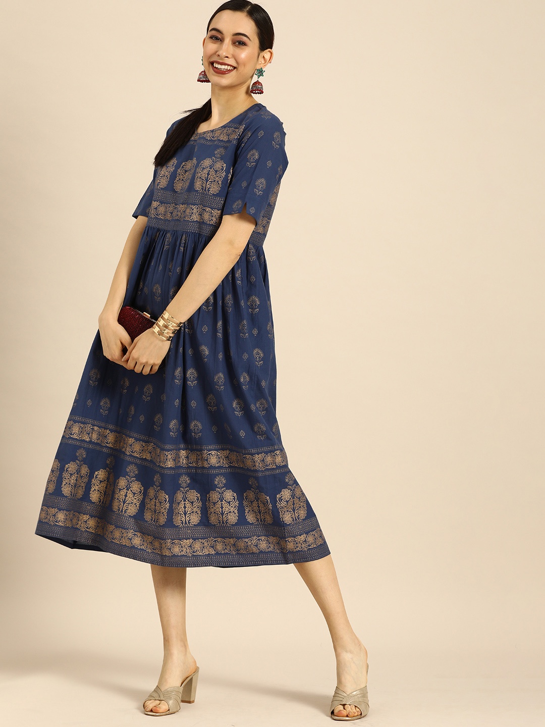 

Anouk Navy Blue & Gold-Toned Ethnic Motifs Ethnic A-Line Midi Dress