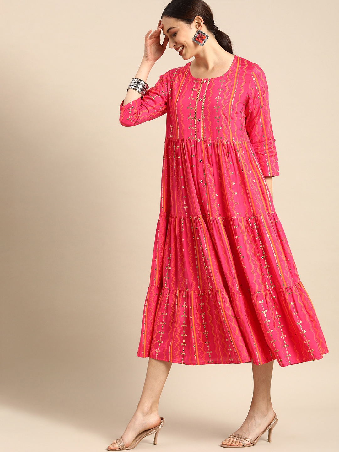 

Anouk Women Pink Printed A-Line Dress