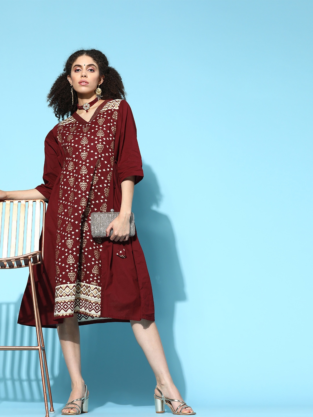 

Anouk Maroon & Golden Pure Cotton Ethnic Motifs Print A-Line Midi Dress