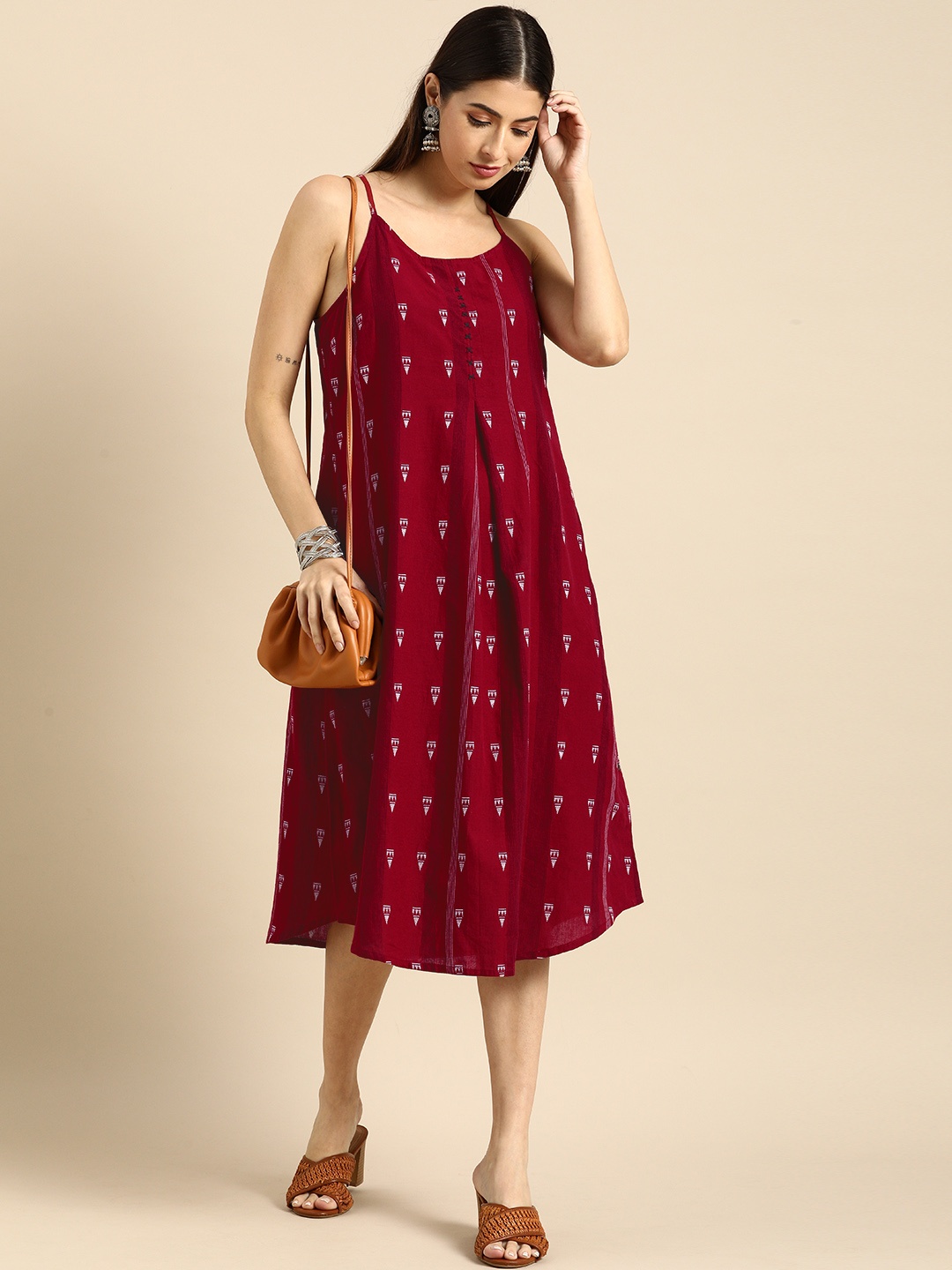 

Anouk Maroon & White A-Line Pleated Midi Dress