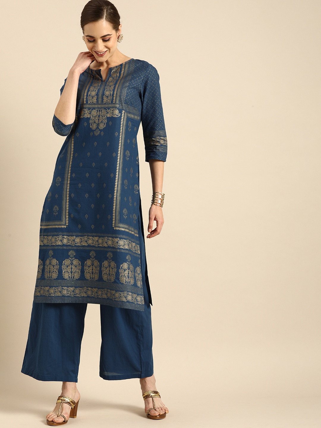 

Anouk Blue Floral Printed Pure Cotton Kurta with Palazzos