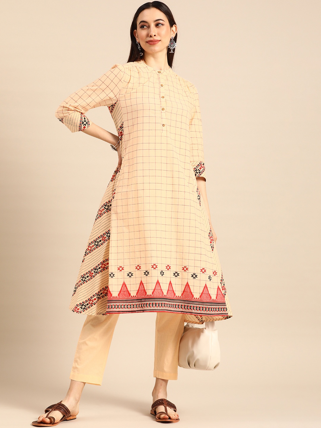 

Anouk Women Off White & Red Checked Pure Cotton Regular Kurta with Trousers