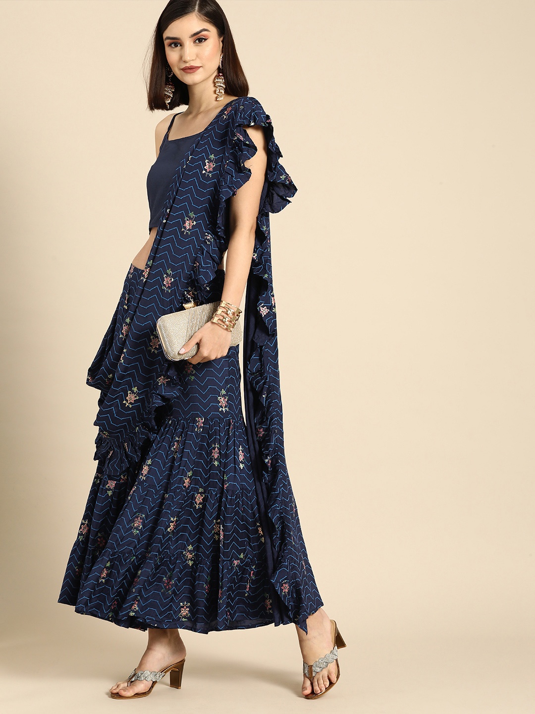 

Anouk Women Navy Blue Floral Regular Top with Sharara & With Dupatta