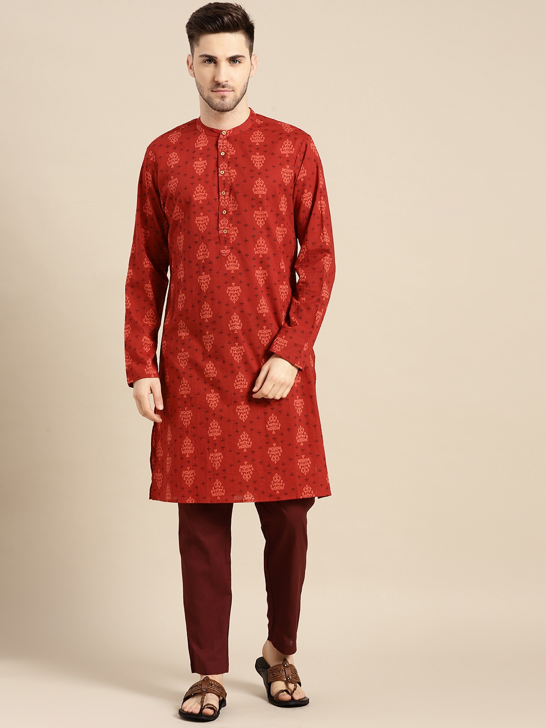 

Anouk Men Rust Red & Burgundy Ethnic Motifs Printed Pure Cotton Kurta with Trousers
