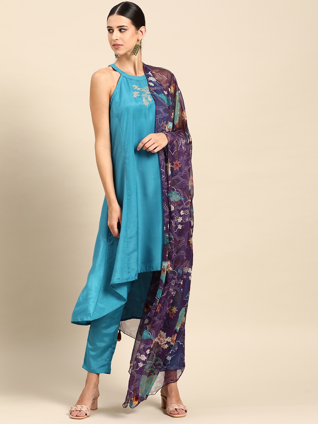 

Anouk Women Blue Yoke Embroidered Panelled Asymmetric Kurta with Trousers & Dupatta