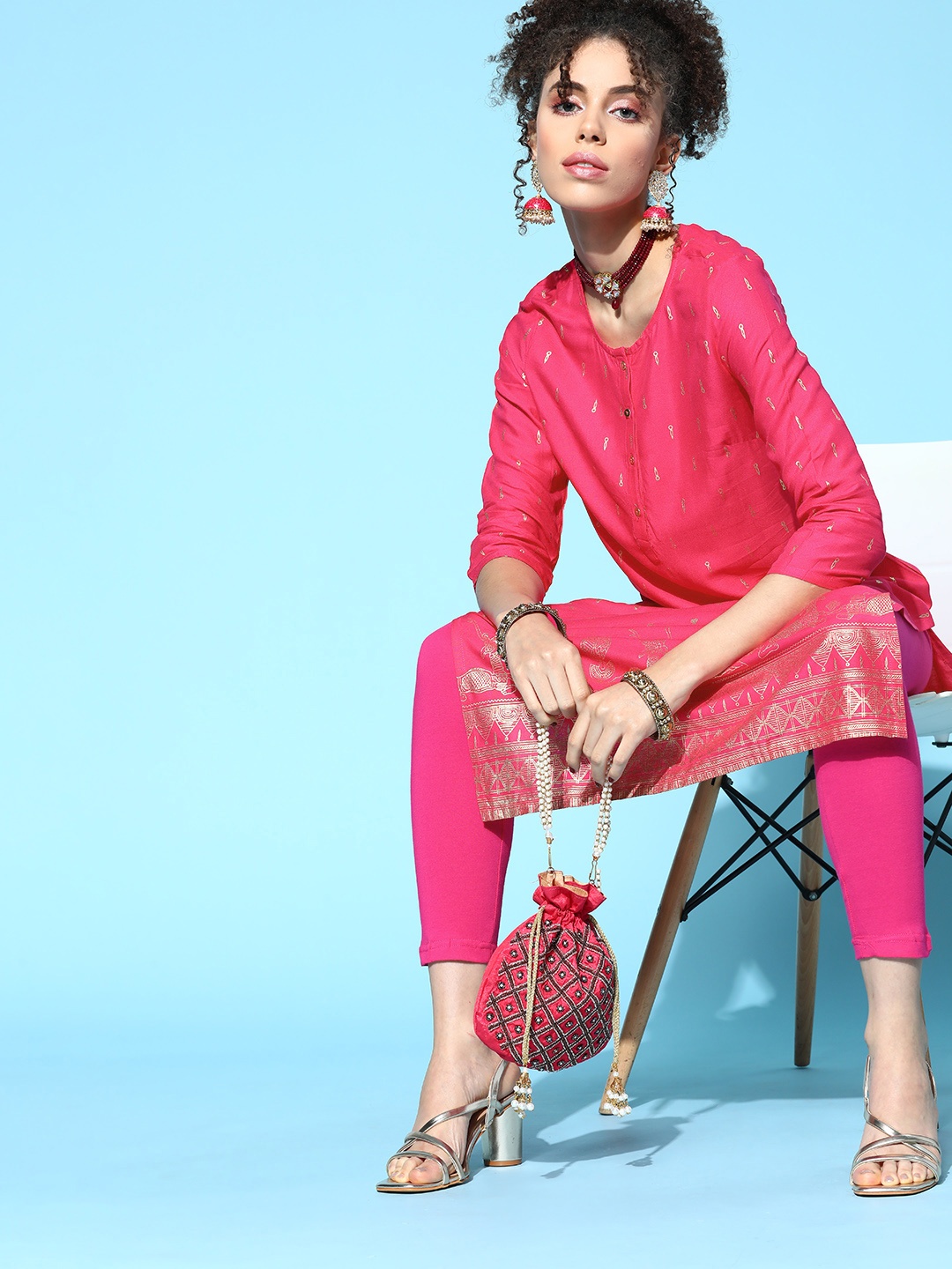 

Anouk Women Pink & Golden Ethnic Motifs Print Straight Kurta with Trousers