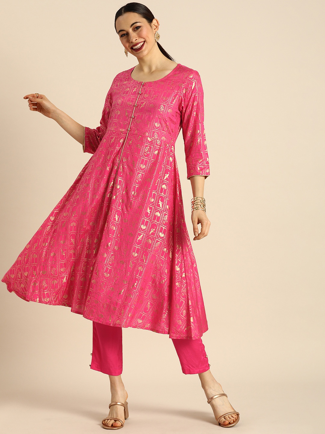 

Anouk Women Pink Ethnic Motifs Foil Printed Pleated Kurta with Trousers