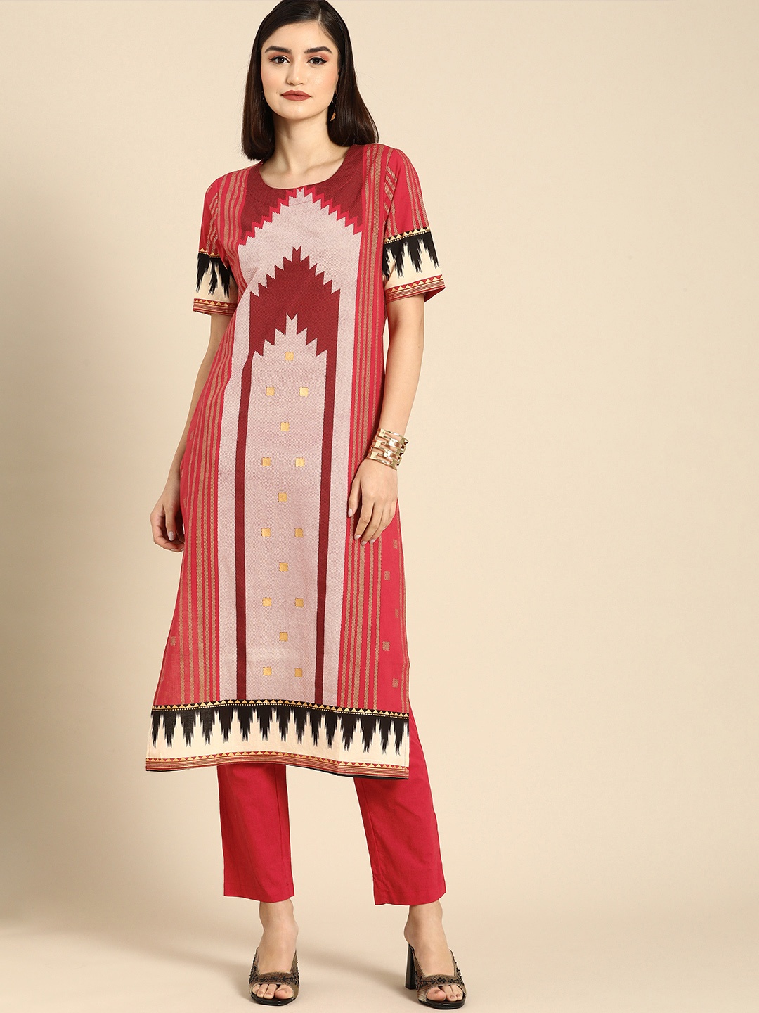 

Anouk Women Maroon Printed Regular Pure Cotton Kurta with Trousers