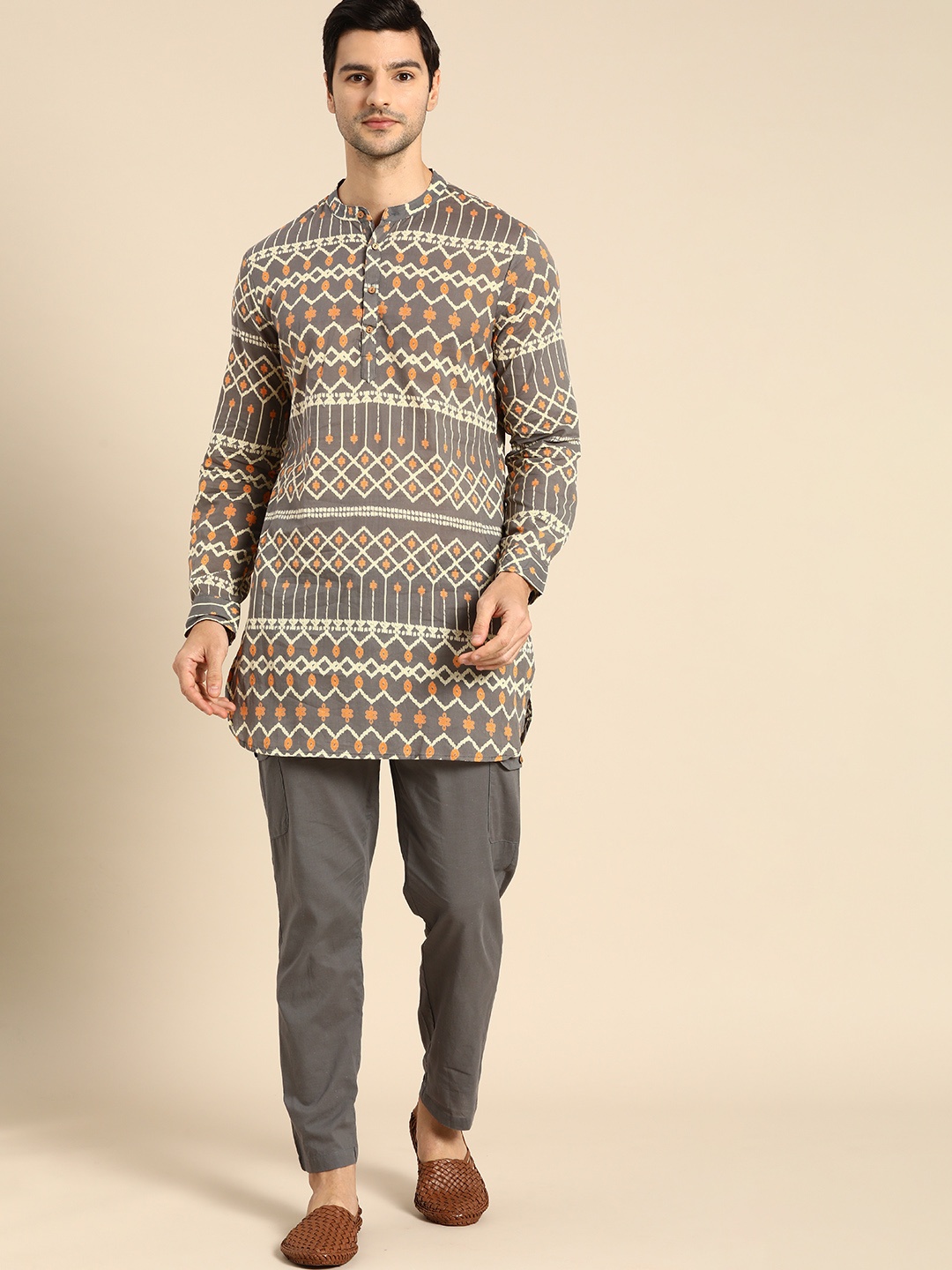 

Anouk Men Grey Printed Pure Cotton Kurta with Trousers